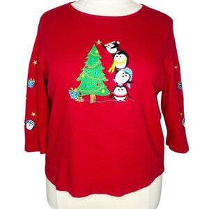Allyson Whitmore Top Womens Size 1X Red Embroidered Penguin Christmas Tree